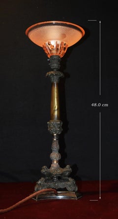 Victorian Bronze Table Lamp with Pink Empire Glass Shade, circa 1890