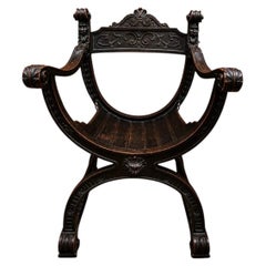 19th Century Carved Oak Savonarola Curule Gothic Chair with Mythical Masks