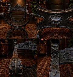 19th Century Carved Oak Savonarola Curule Gothic Chair with Mythical Masks