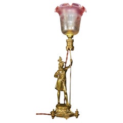 English Art Deco Bronze Roman Knight Figural Lamp Cranberry Glass, 1920s
