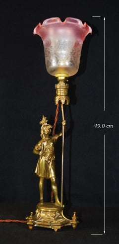 English Art Deco Bronze Roman Knight Figural Lamp Cranberry Glass, 1920s