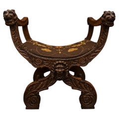 Victorian Carved Oak Curule Gothic Stool with Lion Masks and Tapestry Seat