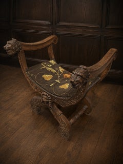 Victorian Carved Oak Curule Gothic Stool with Lion Masks and Tapestry Seat