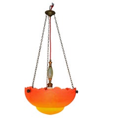 French Art Deco Etched Glass & Bronze Plafonnier Chandelier, circa 1930