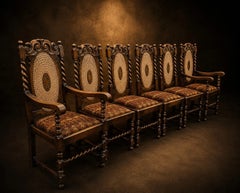 Set of Six Jacobean Revival Oak Dining Chairs with Cane Backs 1920s