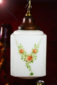 Art Deco Bronze & Hand-Painted Opaline Skyscraper Pendant Light, 1940s
