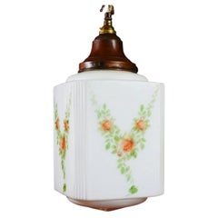 Art Deco Bronze & Hand-Painted Opaline Skyscraper Pendant Light, 1940s
