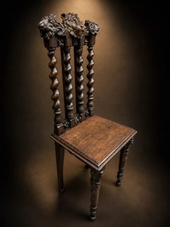 Antique Gothic Revival Carved Oak Hall Chair with Lion & Ram Heads Late 19th C