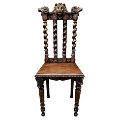 Antique Gothic Revival Carved Oak Hall Chair with Lion & Ram Heads Late 19th C