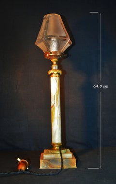 Antique Onyx, Bronze & Etched Glass Column Table Lamp, circa 1920