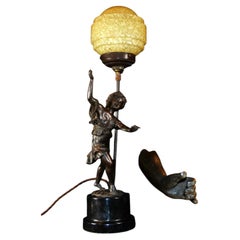 Art Deco Bronze Figural Lamp with Marbled Saturn Glass Shade, circa 1920
