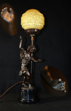 Art Deco Bronze Figural Lamp with Marbled Saturn Glass Shade, circa 1920