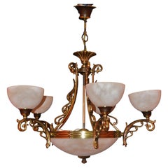 Lustre Art déco monumental à six lumières, en laiton et verre teinté, vers 1930