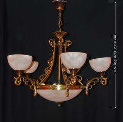 Monumental Art Deco Brass & Tinted Glass Six-Light Chandelier, circa 1930