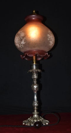 Victorian Silver-Plated & Cranberry Glass Art Nouveau Table Lamp, 1850s
