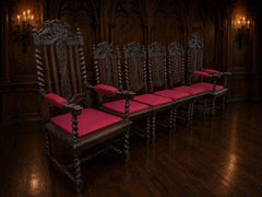 Victorian Jacobean Revival Carved Oak Dining Chairs, Set of Six
