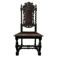 Late Victorian Carved Oak Heraldic Hall Chair with Lions and Leather