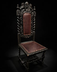 Late Victorian Carved Oak Heraldic Hall Chair with Lions and Leather