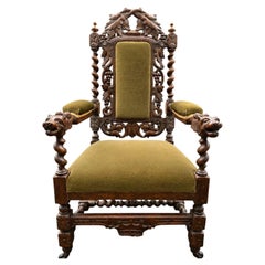 Victorian Carved Oak Throne Armchair with Lion Heads, circa 1880