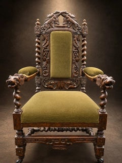 Victorian Carved Oak Throne Armchair with Lion Heads, circa 1880