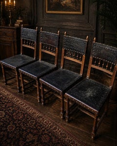 Set of Four Antique Oak Dining Chairs with Original Leather, circa 1900