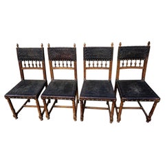 Set of Four Antique Oak Dining Chairs with Original Leather, circa 1900