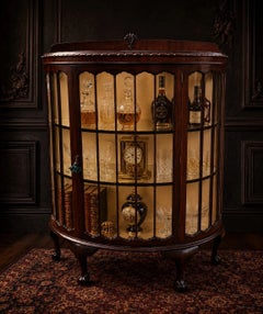 Antique Mahogany Bowed Glass Display Cabinet, Queen Anne Style, circa 1920