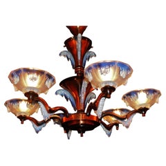 French Art Deco Ezan Six-Light Opalescent Glass Stalactite Chandelier, ca. 1930