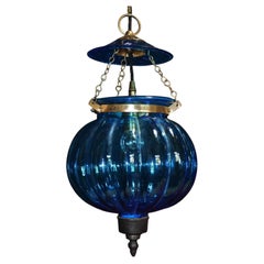 Large Mid-Century Gilt Brass and Tinted Glass Bell Jar Lantern Pendant, ca. 1920