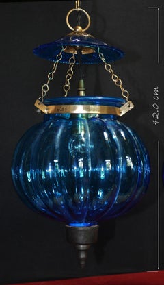 Large Mid-Century Gilt Brass and Tinted Glass Bell Jar Lantern Pendant, ca. 1920