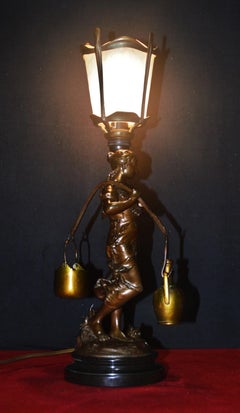 Luca Madrassi Art Nouveau Bronze Figural Table Lamp with Curved Glass Shade