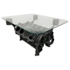 V8 Engine Block Coffee Table, Metallic Grey Automotive Sculpture