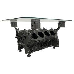 V8 Engine Block Coffee Table, Metallic Grey Automotive Sculpture