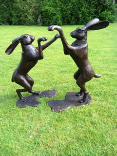 Large Contemporary Pair of Cast Bronze Boxing Hares Sculptures