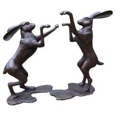 Large Contemporary Pair of Cast Bronze Boxing Hares Sculptures