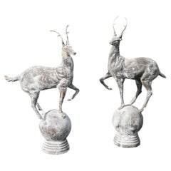 Pair of Cast Iron Stag Deer on Ball Garden Finial Sculptures