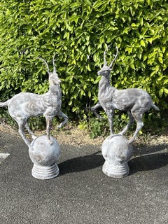 Pair of Cast Iron Stag Deer on Ball Garden Finial Sculptures