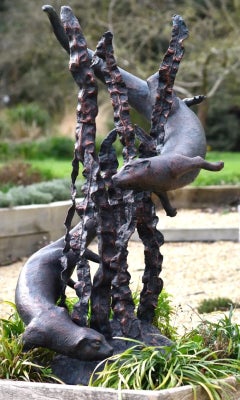 Large Bronzed Metal Swimming Otters in Kelp Garden Fountain Sculpture