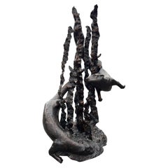 Large Bronzed Metal Swimming Otters in Kelp Garden Fountain Sculpture