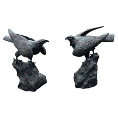 Large Pair of Cast Aluminium Golden Eagle Garden Sculpture, Bronze Patina