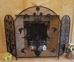 Ornate Metal Bird and Floral Three-Panel Fireplace Screen