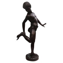 Italian Bronze Boy with Crab Figural Garden Sculpture