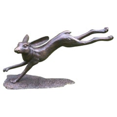Large Cast Bronze Running Hare Garden Sculpture, 90 cm Long