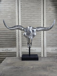 Polished Aluminium Longhorn Skull Sculpture on Marble Stand