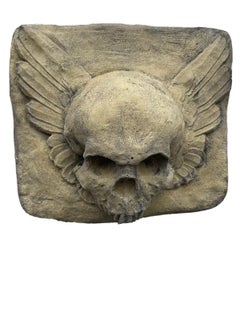 Gothic Winged Masonic Skull Stone Wall Plaque, Architectural Memento Mori