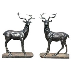 Pair of Life-Size Cast Iron Stag Garden & Gate Pier Sculptures in Bronze Patina