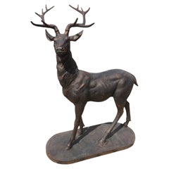 Pair of Life-Size Cast Iron Stag Garden & Gate Pier Sculptures in Bronze Patina