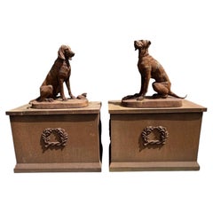 Pair of Monumental Cast Iron Hunting Hounds Sculptures on Pedestals