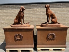 Pair of Monumental Cast Iron Hunting Hounds Sculptures on Pedestals