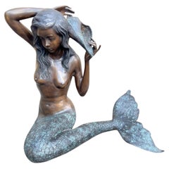 Life-Size Bronze Mermaid with Conch Shell Fountain Sculpture